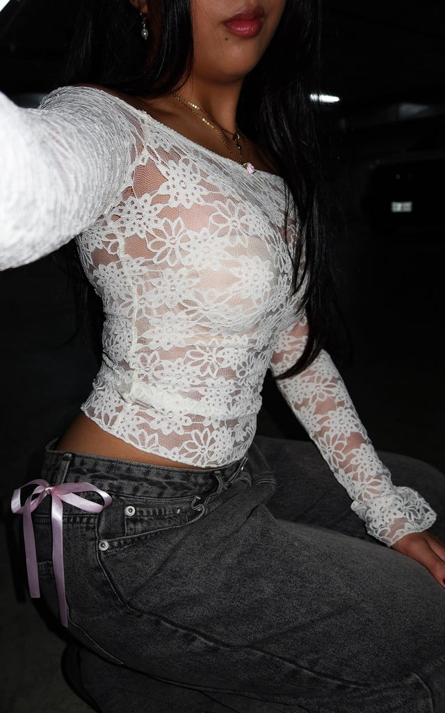 Sheer Lace Long Sleeve Top White