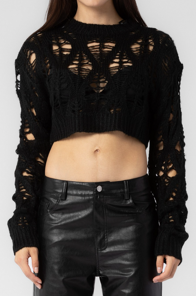 Knit Distressed Cropped Sweater Black