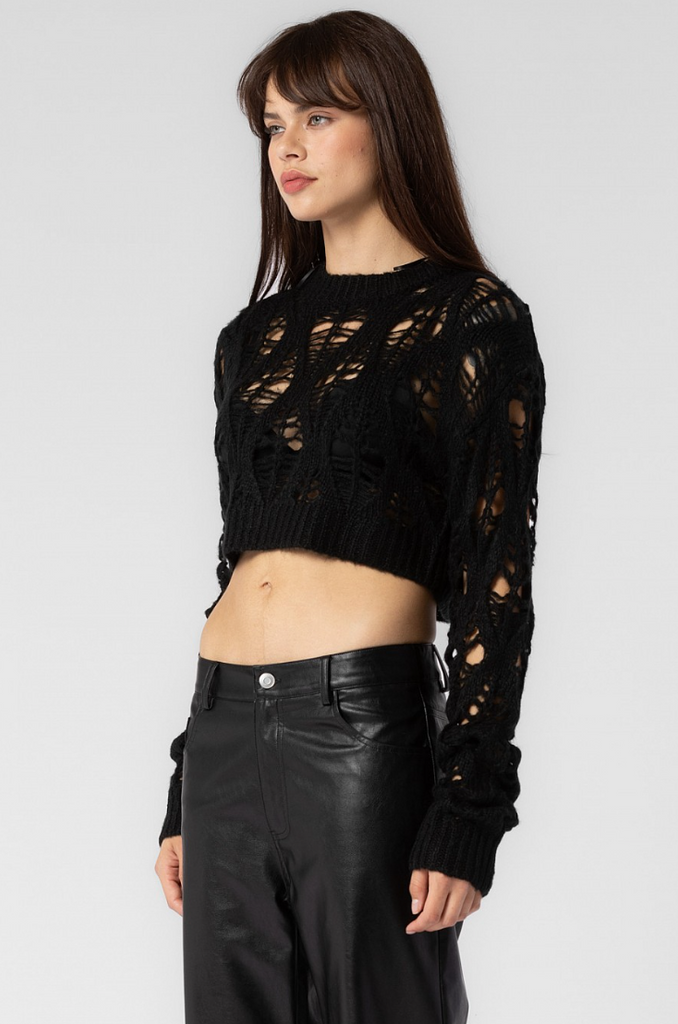 Knit Distressed Cropped Sweater Black