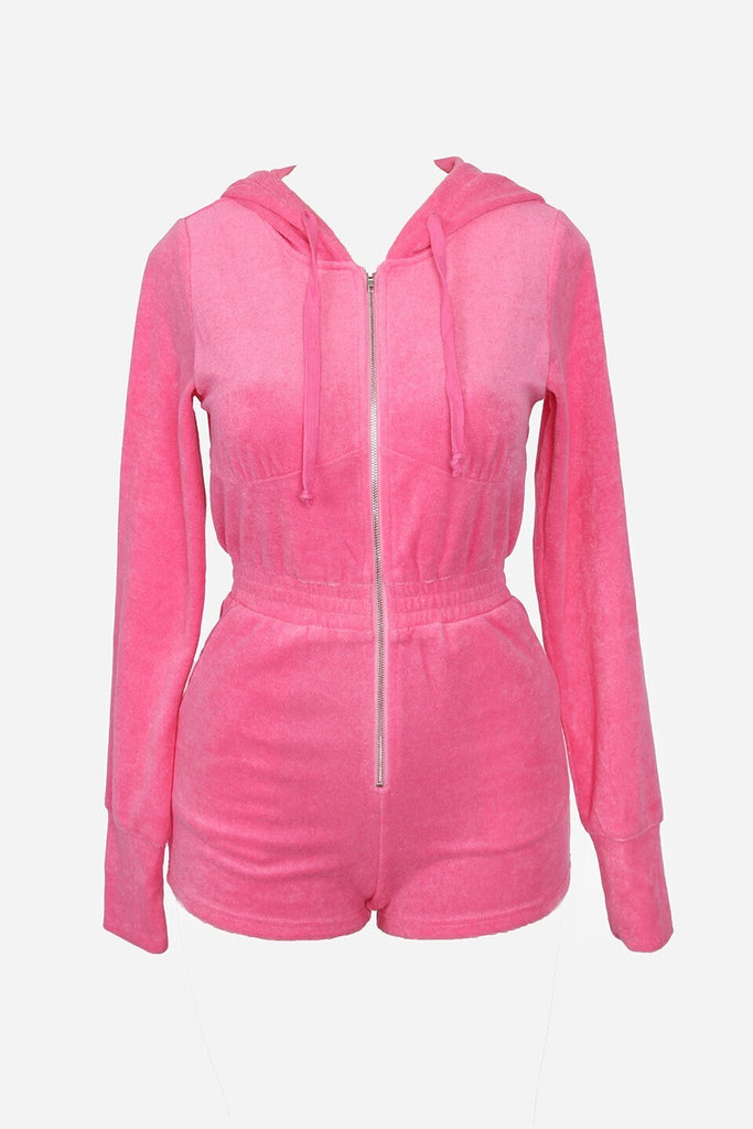 Terry Hooded Romper - Hot Pink