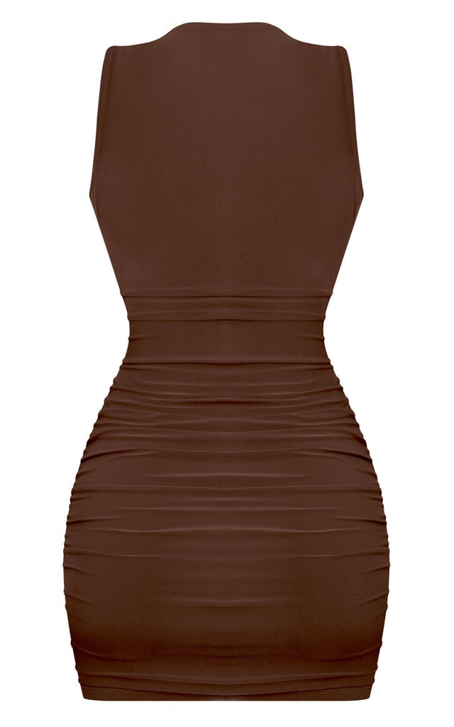 Sleeveless Plunge Mini Dress Brown