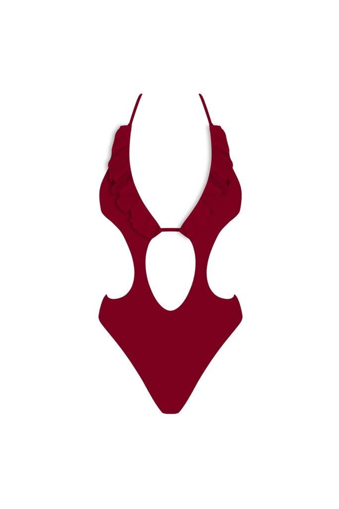Ruffle Cut-Out Monokini Burgundy