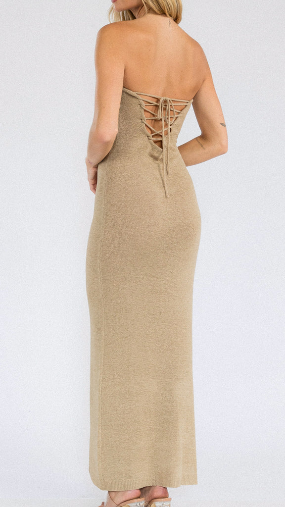 Knit Lace Up Maxi Dress Beige