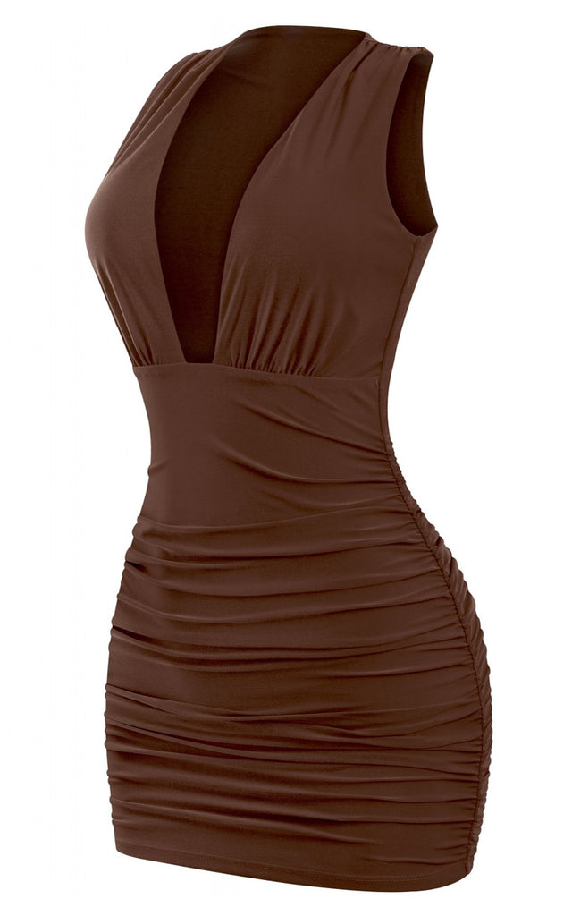 Sleeveless Plunge Mini Dress Brown | www.tdhcollection.com Sleeveless Plunge Mini Dress Brown | www.tdhcollection.com