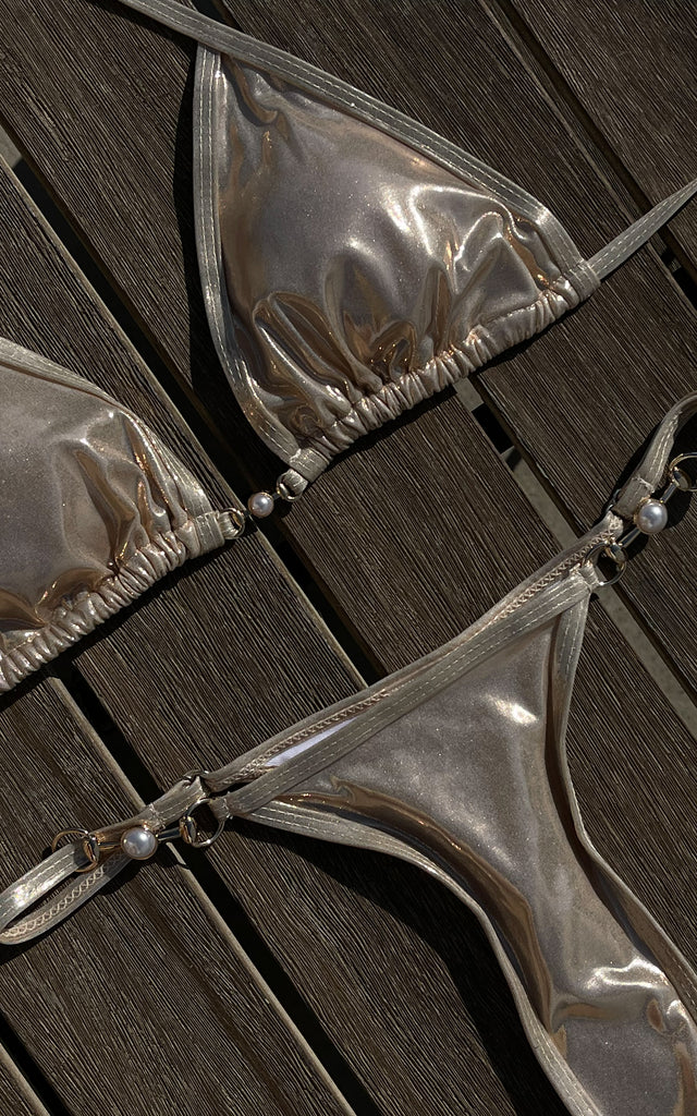 Metallic Pearl Bikini Bottom Champagne