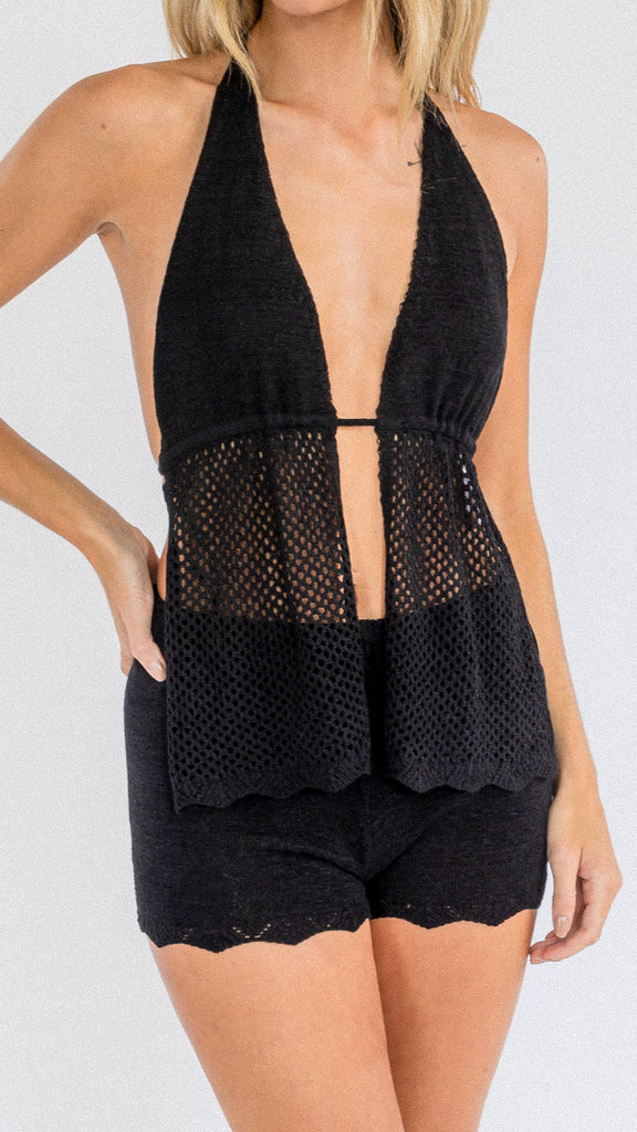 Knit Backless Halter Top Black