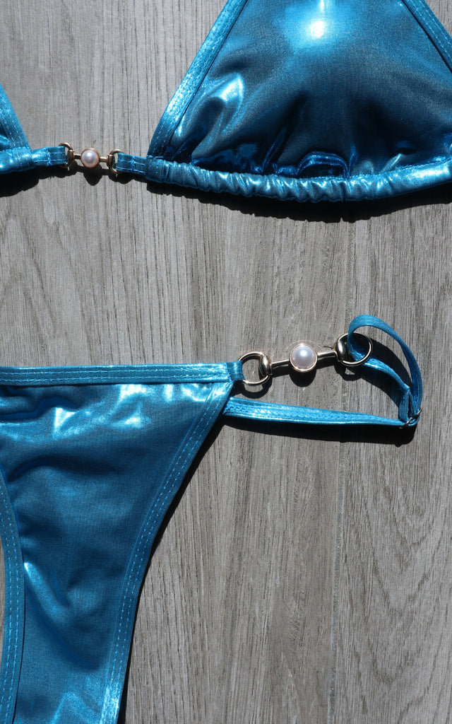 Metallic Pearl Bikini Bottom Blue