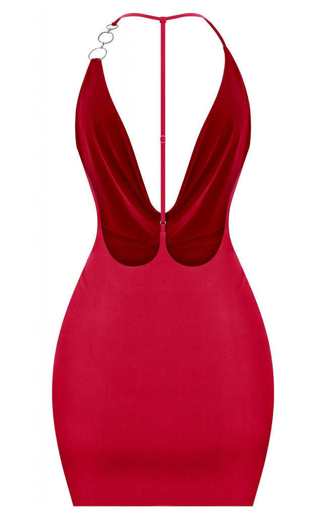 Cowl Neck Backless Ring Mini Dress Red