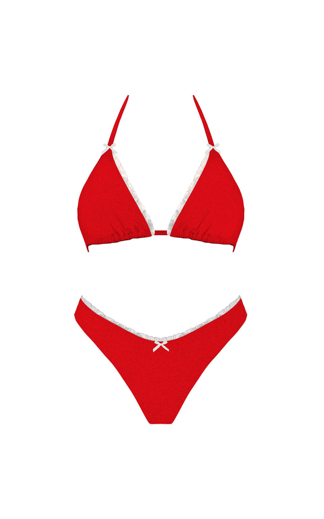 Lace Bow Triangle Bikini Top Red