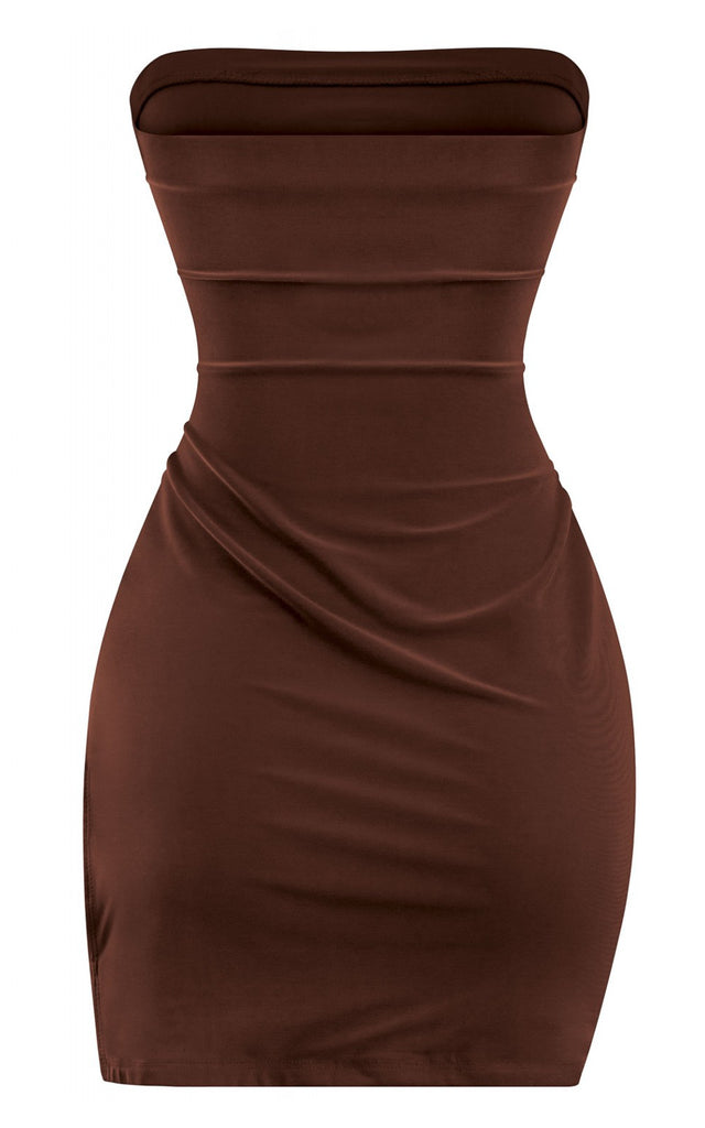 Strapless Rhinestone Cut Out Mini Dress Brown