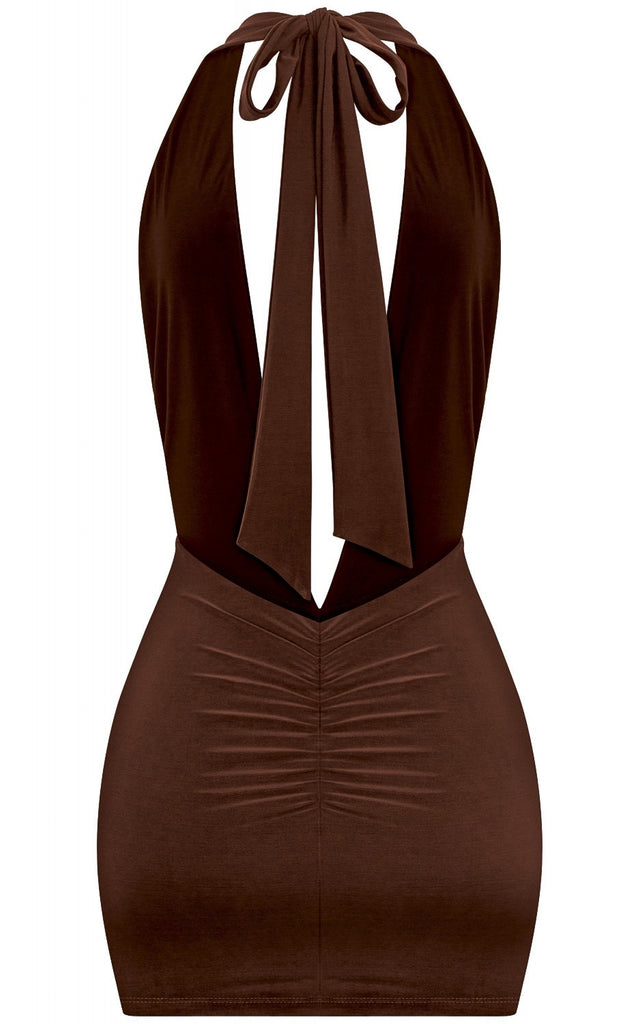 Deep Plunge Open Back Mini Dress - Brown