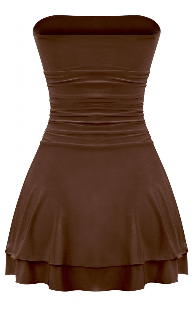 Strapless Ruched Mini Dress Brown