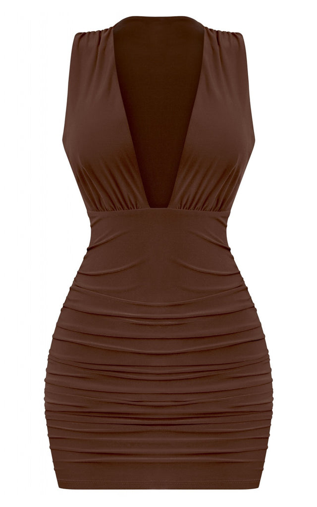 brown plunge mini dress PrettyLittleThing Women's Shape Tassel Sequin Halterneck Deep Plunge Mini Dress in Brown