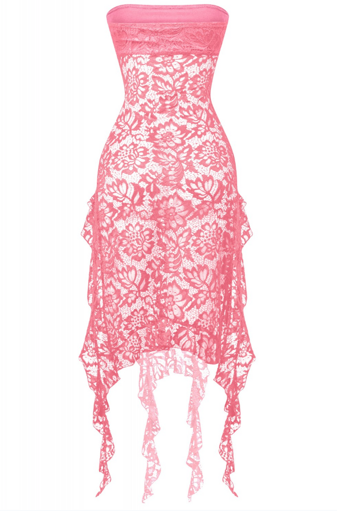 Sheer Lace Tube Maxi Dress Pink
