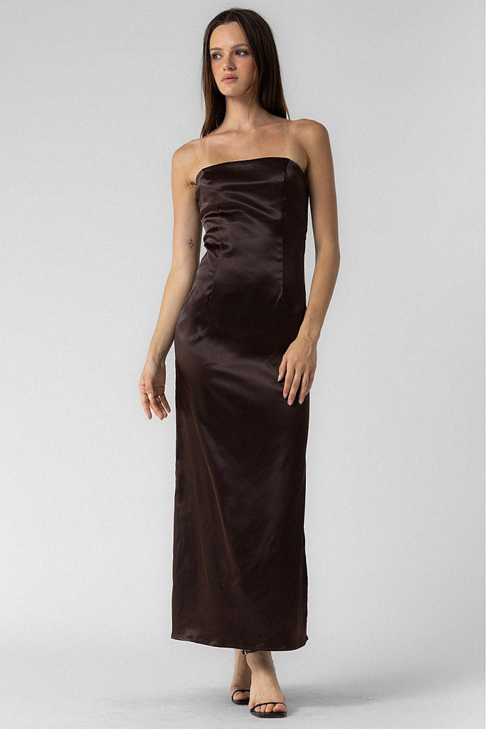 Strapless Satin Maxi Dress Chocolate