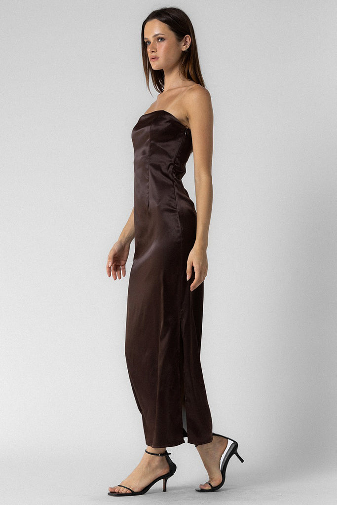 Strapless Satin Maxi Dress Chocolate