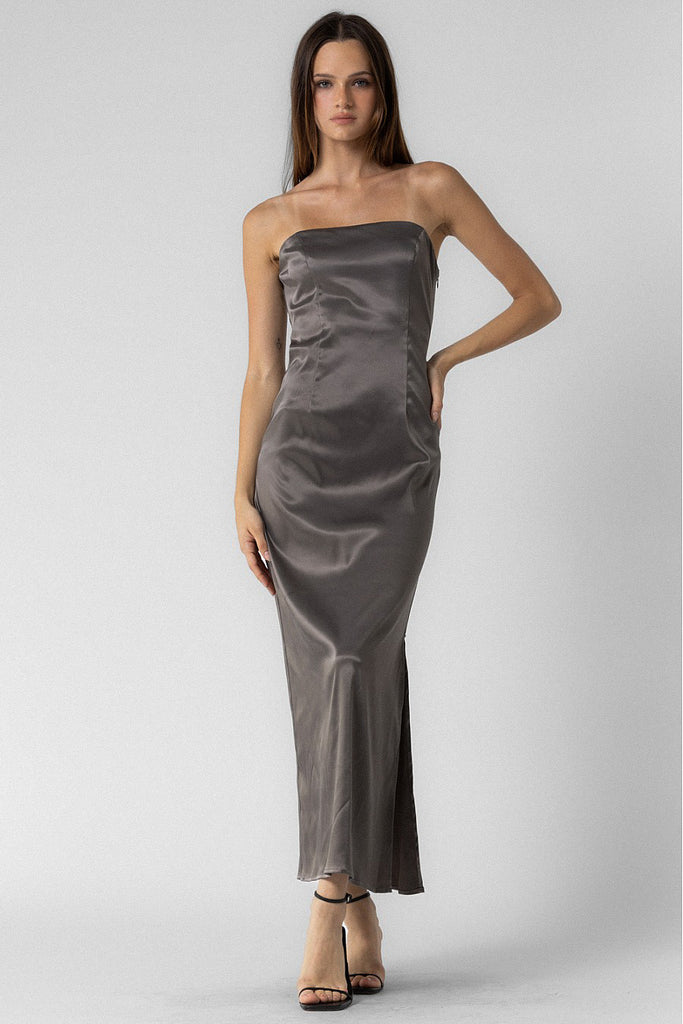 Strapless Satin Maxi Dress Smoke