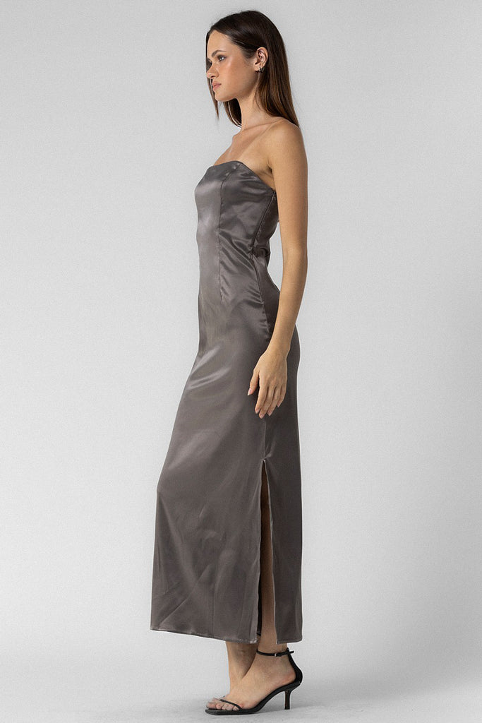 Strapless Satin Maxi Dress Smoke