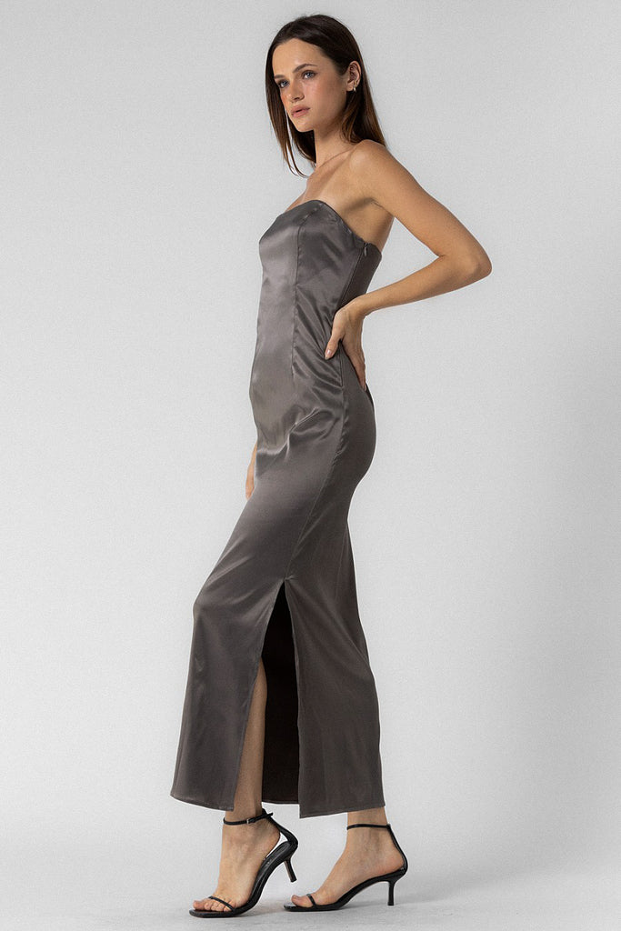 Strapless Satin Maxi Dress Smoke