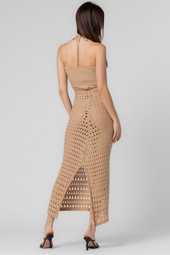 Crochet Halter Maxi Dress Tan