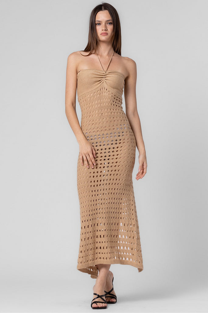 Crochet Halter Maxi Dress Tan