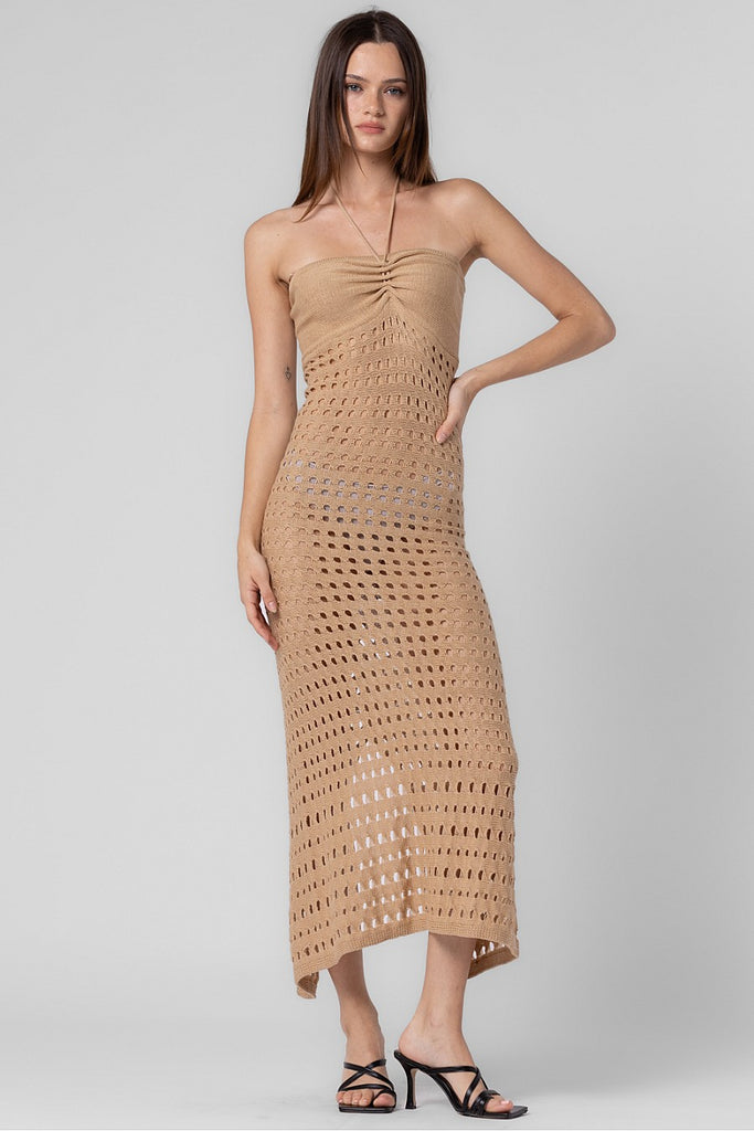 Crochet Halter Maxi Dress Tan