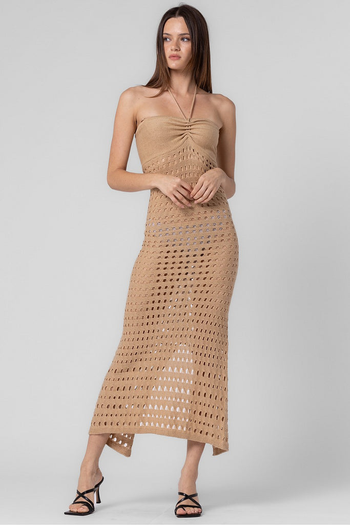 Crochet Halter Maxi Dress Tan