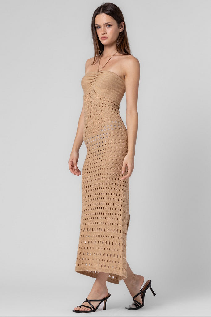 Crochet Halter Maxi Dress Tan