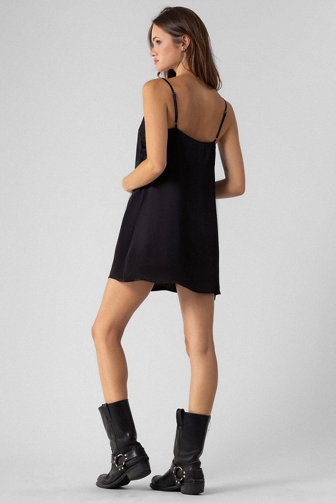 Silk Straight Cut Mini Dress Black