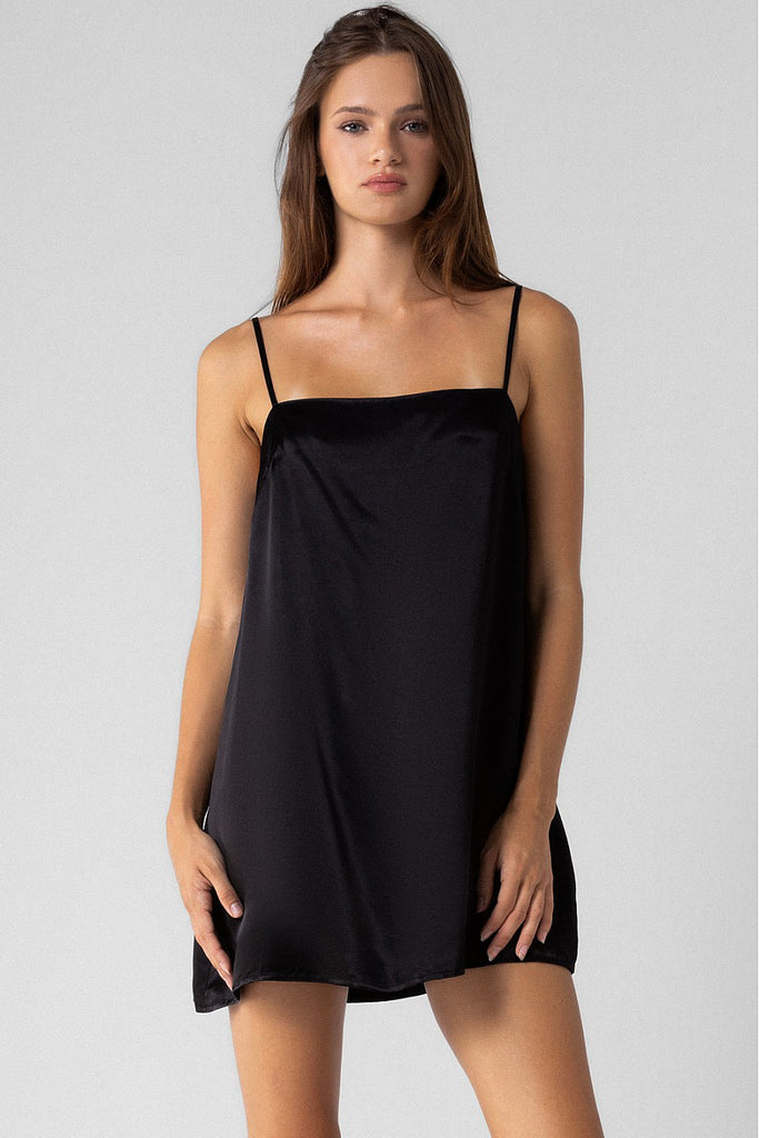 Silk Straight Cut Mini Dress Black