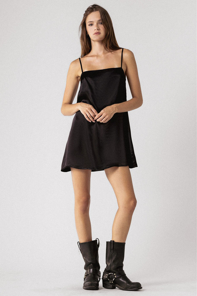 Silk Straight Cut Mini Dress Black